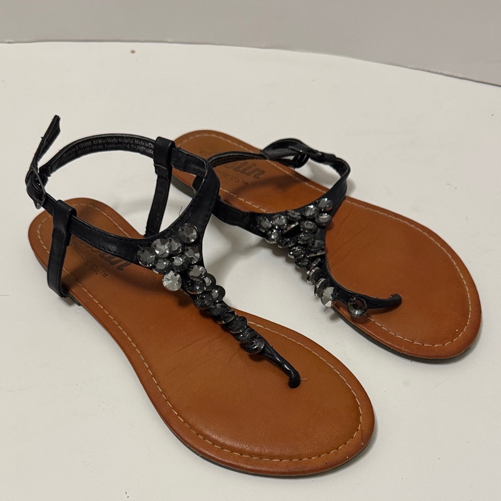 Black Jeweled T-Strap Women's Sandals